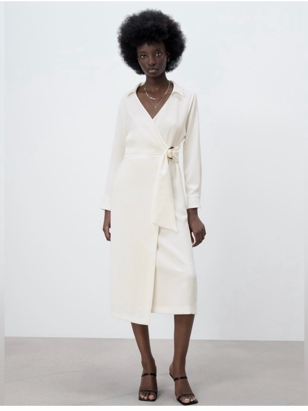 Zara Cream Wrap Midi Dress with Tie Detail